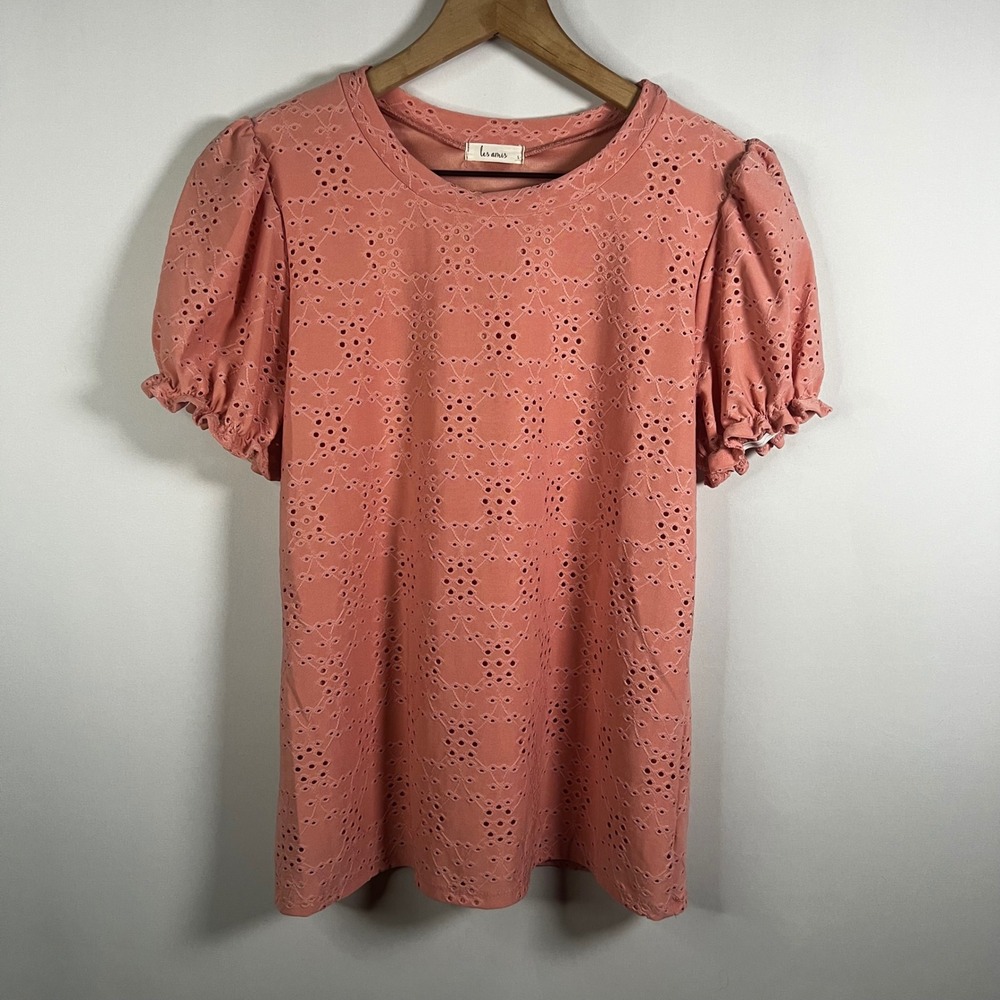 Les Amis Blouse Women Small Rose Pink Eyelet Detail Short Sleeve Puff Sleeve - Picture 1 of 7